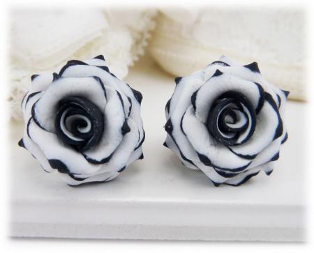 Black Tipped White Rose Earring Studs