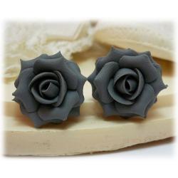 Gray Charcoal Rose Earring Studs