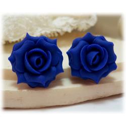 Indigo Blue Rose Stud Earrings & Clip On Earrings