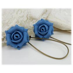Blue Cornflower Rose Drop Earrings