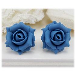 Blue Cornflower Rose Stud Earrings