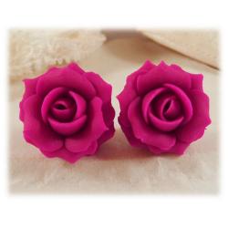 Fuchsia Pink Rose Stud Earrings