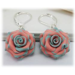 Mint Coral Rose Earrings