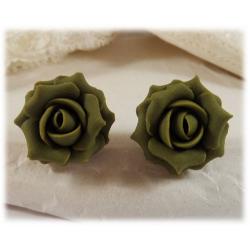 Green Olive Rose Stud Earrings