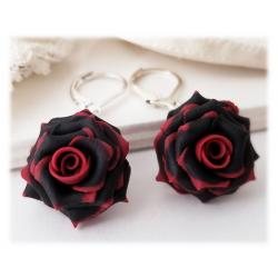Red Tipped Black Rose Drop Dangle Earrings