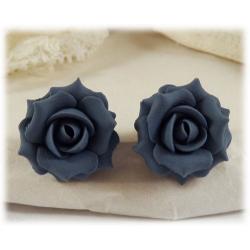 Smokey Blue Rose Stud Earrings