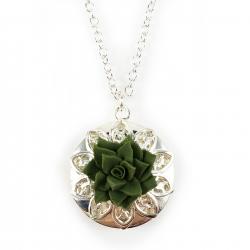 Green Succulent Silver Locket Necklace