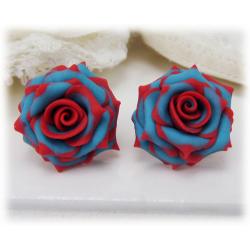 Turquoise Red Rose Stud Earrings