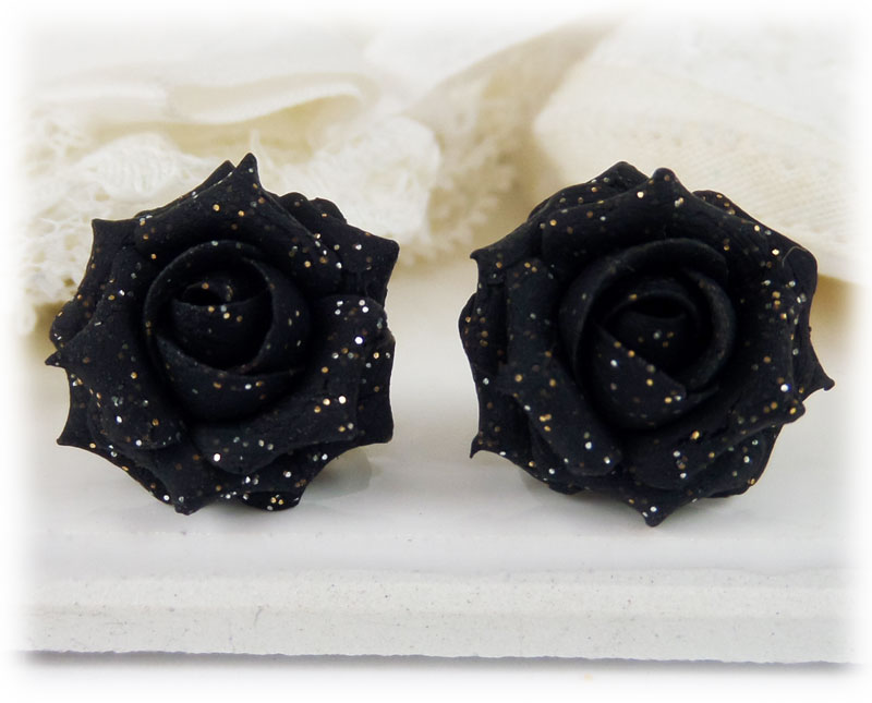 Black Rose Glitter Stud Earrings \u0026 Clip 