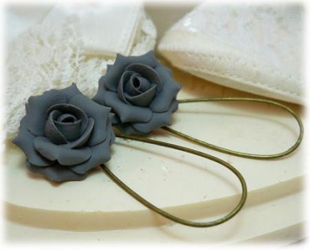 Gray Charcoal Rose Drop Earrings