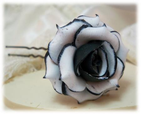 Black Tipped White Rose Hair Pins