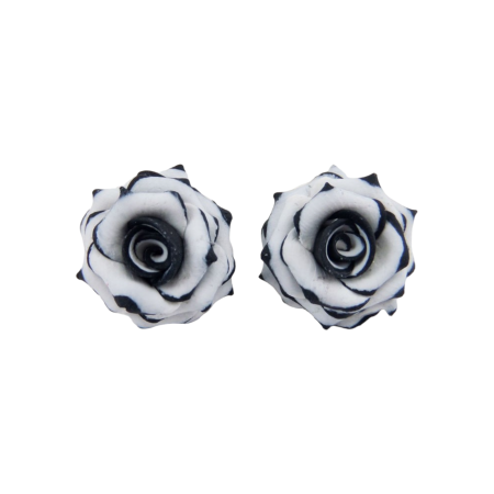 Black Tipped White Rose Earring Studs