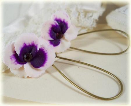 White Purple Pansy Drop Earrings