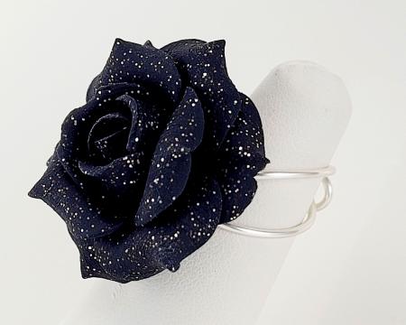 Large Black Rose Glitter Adjustable Ring