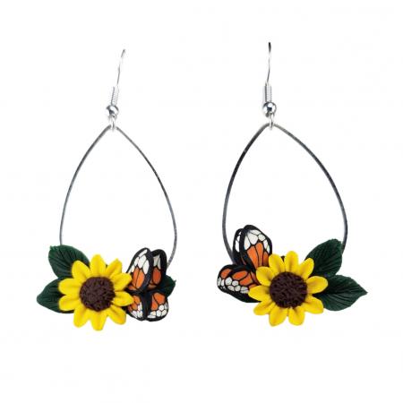 Butterfly Sunflower Dangle Hoop Earrings