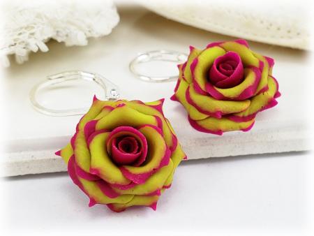 Fuchsia Tipped Chartreuse Rose Drop Earrings