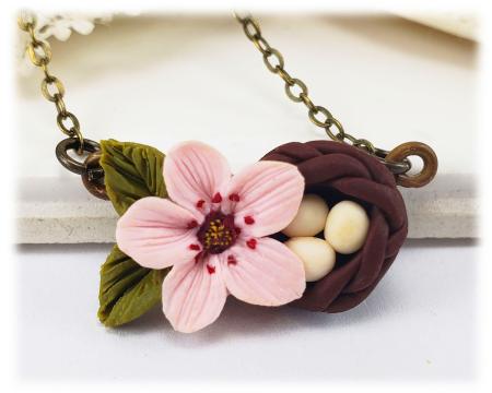 Cherry Blossom Birds Nest with Eggs Necklace