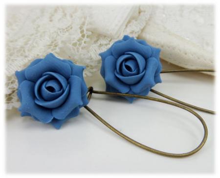 Blue Cornflower Rose Drop Earrings