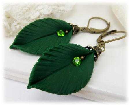 Dark Green Leaf Earrings