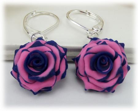 Blue Pink Rose Drop Earrings
