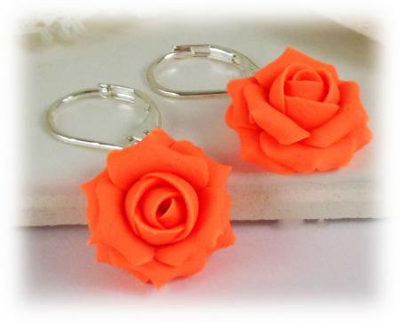 Neon Orange Rose Drop Earrings