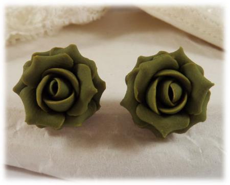 Green Olive Rose Stud Earrings