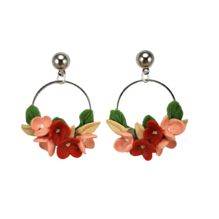 Peach Floral Bouquet Dangle Hoop Earrings