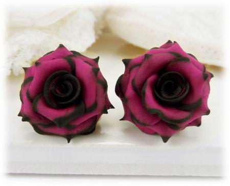 Black Tipped Pink Rose Stud Earrings