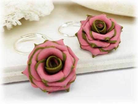 Olive Tipped Pink Rose Drop Earrings