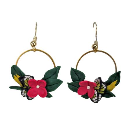 Pink Floral Butterfly Dangle Hoop Earrings