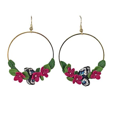 Pink Hydrangea Flower Butterfly Hoop Earrings