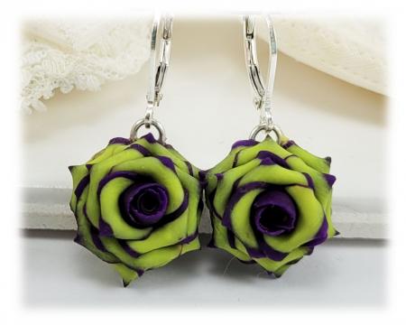 Purple Tipped Chartreuse Rose Drop Earrings