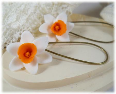 White Orange Daffodil Drop Earrings