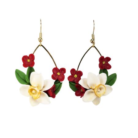 White Daffodils Springtime Dangle Hoop Earrings