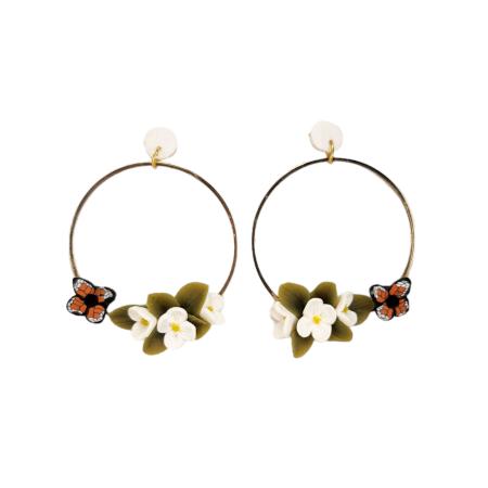 White Floral Butterfly Large Hoop Earrings