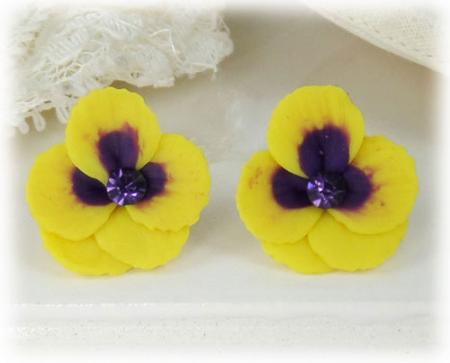 Yellow Purple Crystal Pansy Stud Earrings