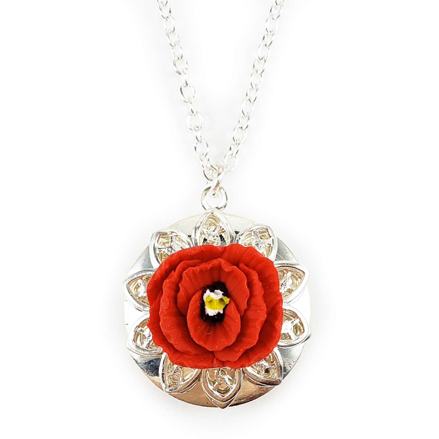 Poppy White & Red Poppy ~ Flower & Bird Print Pendant Necklace 12068 Handmade 
