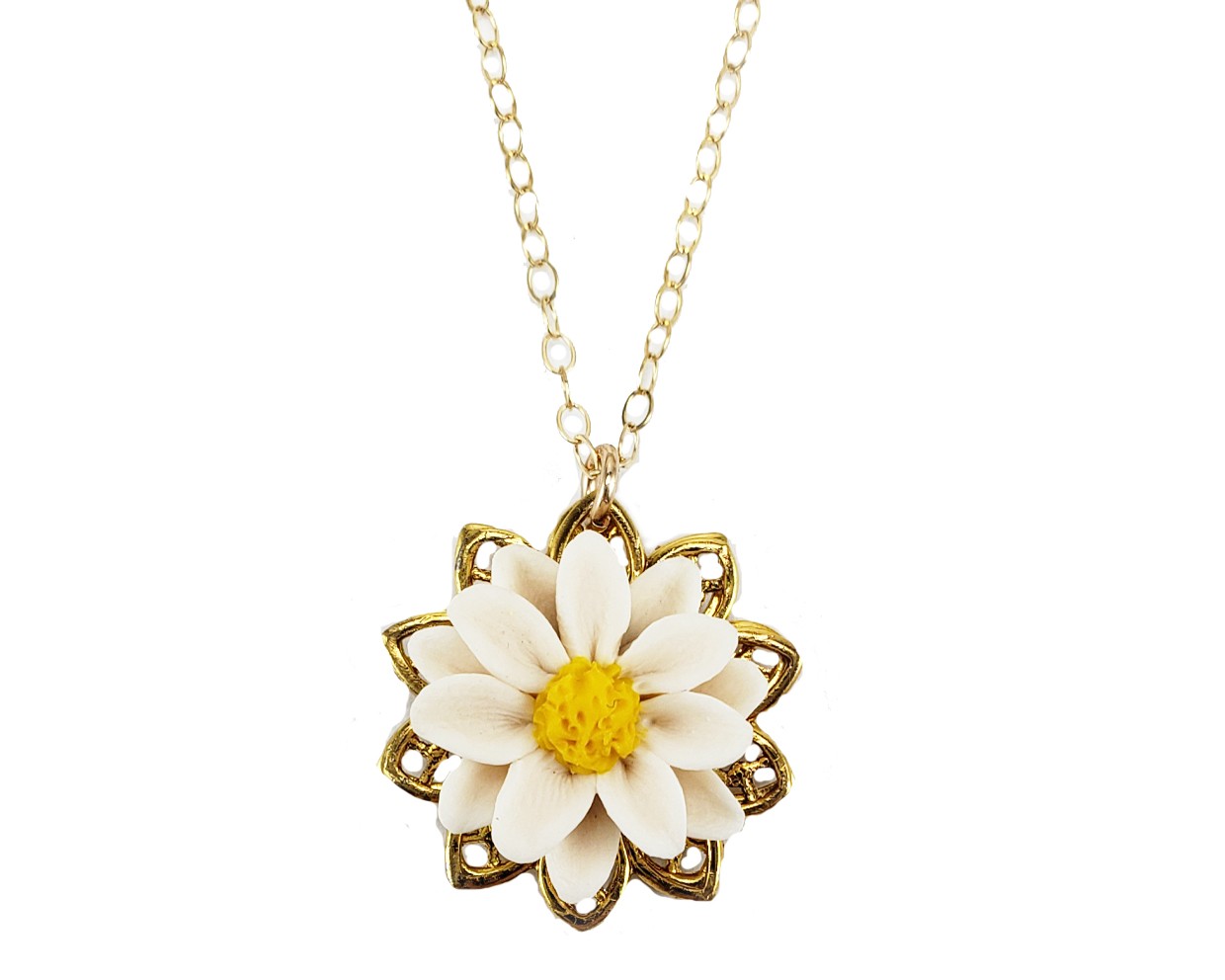 Real handmade Daisy flower pendant on 14 16 18 inch  quality Curb Chain necklace with gold leaf.