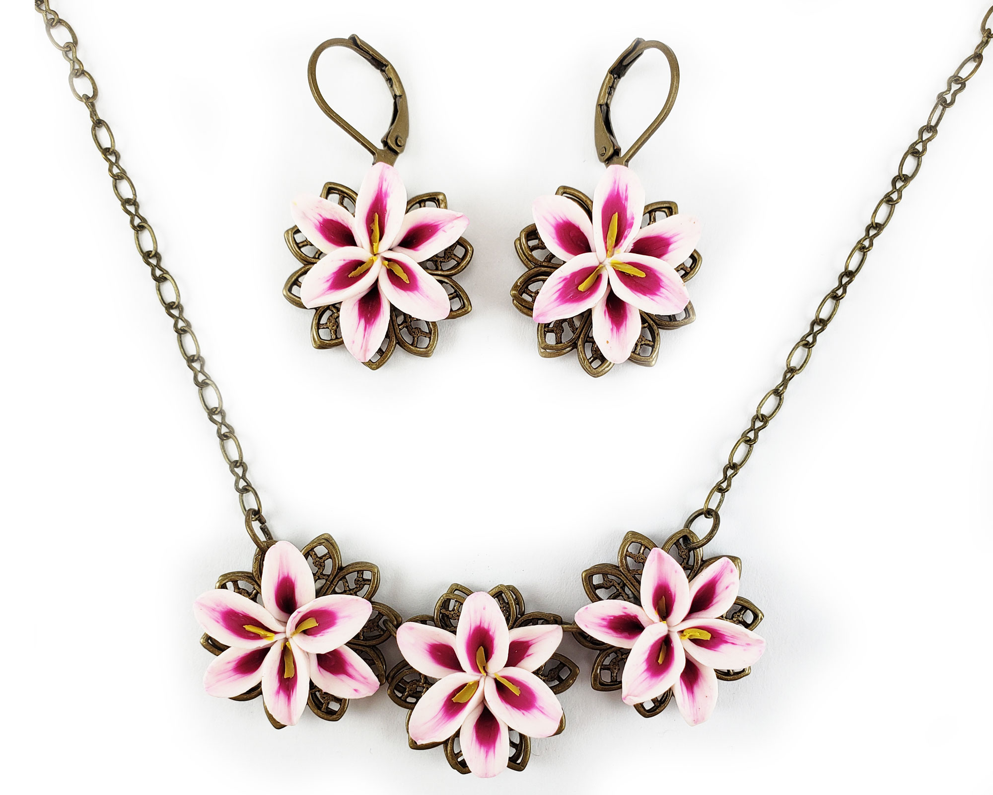 Rose Gold & Silver Orchid Flower Necklace Earrings & Bracelet Jewellery Set UK 
