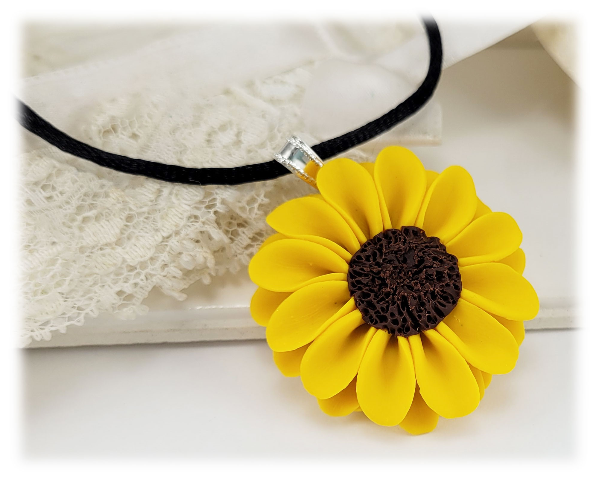 Black Sunflowers Flowers Floral Suede Lace Choker Necklace