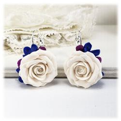 Blossoming White Rose Blue Hydrangea Dangle Hoop Earrings