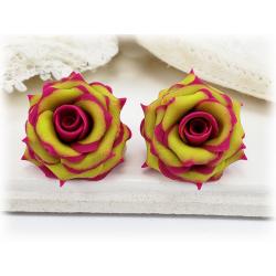 Fuchsia Tipped Chartreuse Rose Stud Earrings