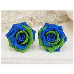 Earth Blue Green Rose Stud Earrings