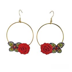 Red Rose Green Butterfly Hoop Earrings