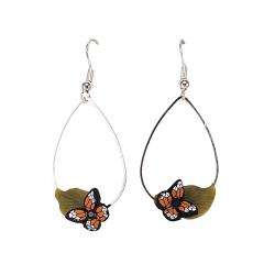 Tiny Butterfly on Leaf Teardrop Hoop Earrings