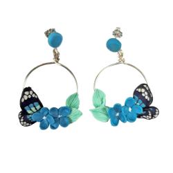 Turquoise Hydrangea Floral Butterfly Hoop Earrings