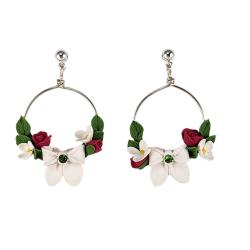 White Coquette Bow Pink Rose Hoop Earrings