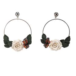 White Rose Blossoms Blue Butterfly Statement Hoop Earrings