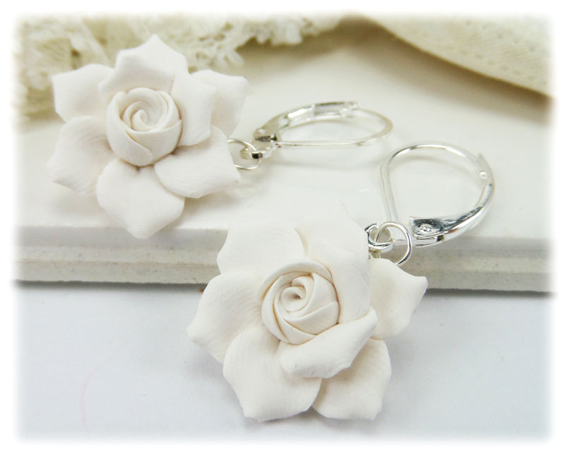 White Gardenia Drop Earrings | Gardenia Dangle Earrings - Stranded